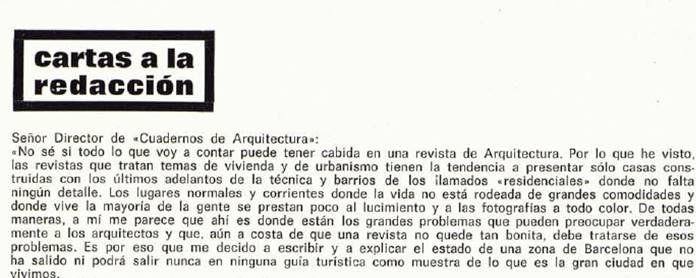 Carta de una vecina del Carmelo al señor director de la revista “Cuadernos de Arquitectura”
